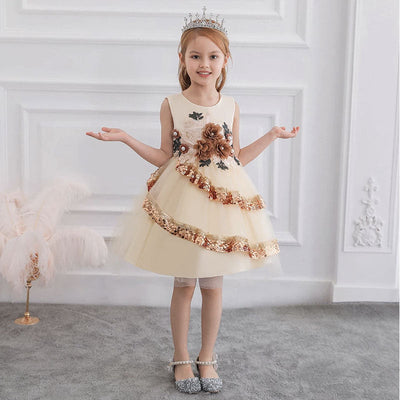 Robe cérémonie fille crème avec motifs floraux et paillettes dorées