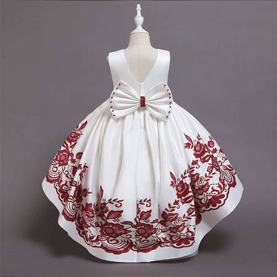 Robe princesse fille blanche et rouge bordeaux avec motifs floraux brodés