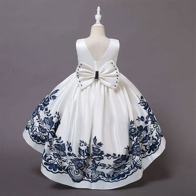 Robe princesse fille blanche et rouge bordeaux avec motifs floraux brodés