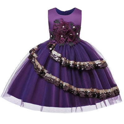 Robe cérémonie fille crème avec motifs floraux et paillettes dorées