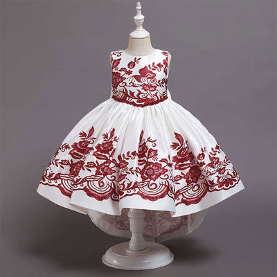 Robe princesse fille blanche et rouge bordeaux avec motifs floraux brodés