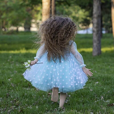 Robe cérémonie fille bleu pâle à pois blancs avec nœud à la taille