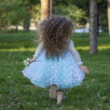 Robe cérémonie fille bleu pâle à pois blancs avec nœud à la taille
