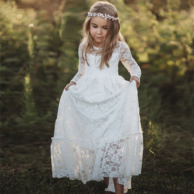 Robe cérémonie fille blanche en dentelle florale avec manches longues transparentes