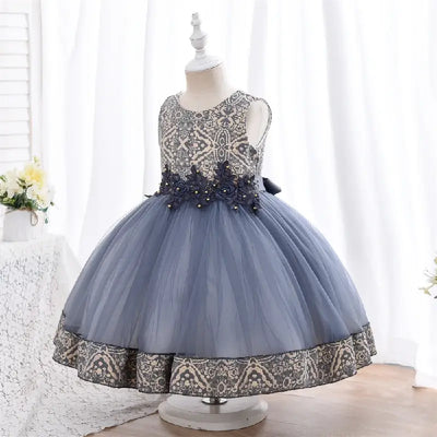Robe cérémonie fille bleu foncé avec tulle et motifs gris et blancs