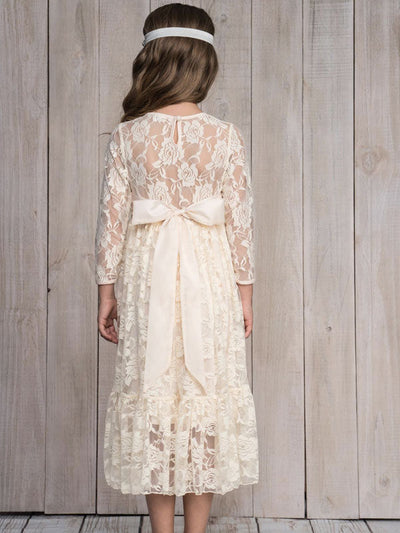 Robe cérémonie fille blanche en dentelle florale avec manches longues transparentes