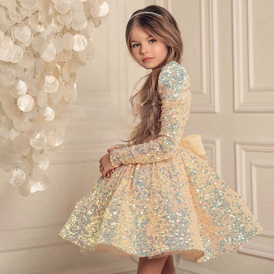 Robe cérémonie fille beige dorée à paillettes scintillantes