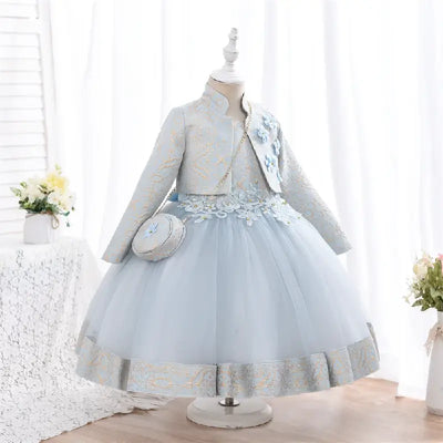 Robe cérémonie fille bleu foncé avec tulle et motifs gris et blancs