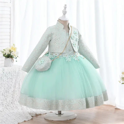 Robe cérémonie fille bleu foncé avec tulle et motifs gris et blancs