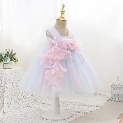 Robe cérémonie fille bleu clair et rose pâle avec fleurs en relief