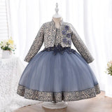 Robe cérémonie fille bleu foncé avec tulle et motifs gris et blancs