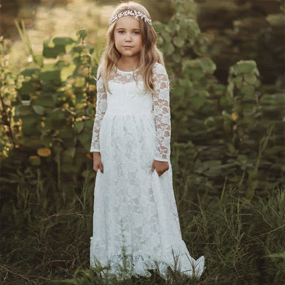 Robe cérémonie fille blanche en dentelle florale avec manches longues transparentes