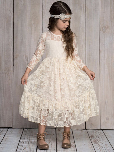 Robe cérémonie fille blanche en dentelle florale avec manches longues transparentes