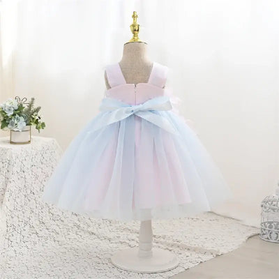 Robe cérémonie fille bleu clair et rose pâle avec fleurs en relief