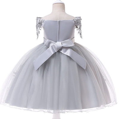 Robe cérémonie fille gris argenté avec motifs floraux brodés et nœud à la taille