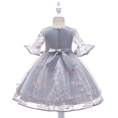Robe soirée fille rose pâle motif floral avec manches volants et dentelle