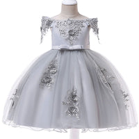 Robe cérémonie fille gris argenté avec motifs floraux brodés et nœud à la taille