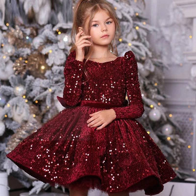 Robe cérémonie fille bordeaux paillettes manches longues