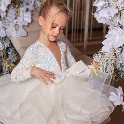 Robe cérémonie fille tulle blanc sequins multicolores