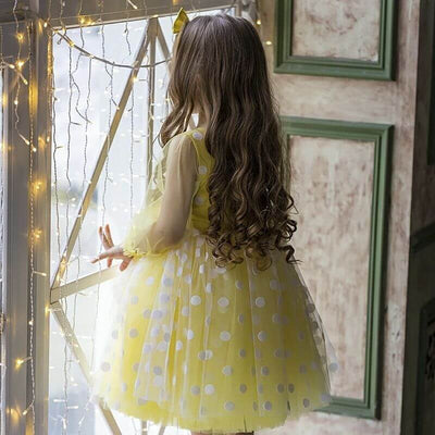 Robe cérémonie fille jaune vif à pois blancs style bouffant