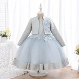 Robe cérémonie fille bleu foncé avec tulle et motifs gris et blancs