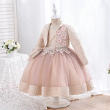 Robe cérémonie fille bleu foncé avec tulle et motifs gris et blancs