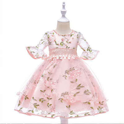 Robe soirée fille rose pâle motif floral avec manches volants et dentelle