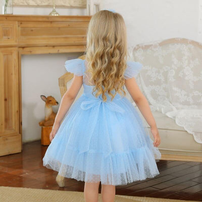 Robe cérémonie fille bleu clair à pois avec volants et jupon en tulle
