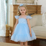 Robe cérémonie fille bleu clair à pois avec volants et jupon en tulle