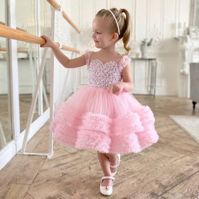 Robe cérémonie fille rose en tulle avec motif perlé