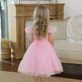 Robe cérémonie fille bleu clair à pois avec volants et jupon en tulle
