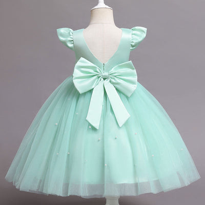 Robe cérémonie fille vert menthe avec noeud décoratif et perles sur tulle