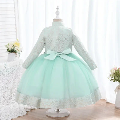 Robe cérémonie fille bleu foncé avec tulle et motifs gris et blancs