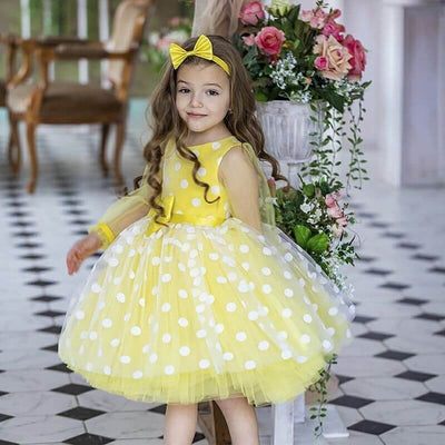 Robe cérémonie fille jaune vif à pois blancs style bouffant