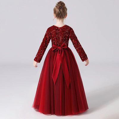Robe cérémonie fille rouge bordeaux avec paillettes et manches longues