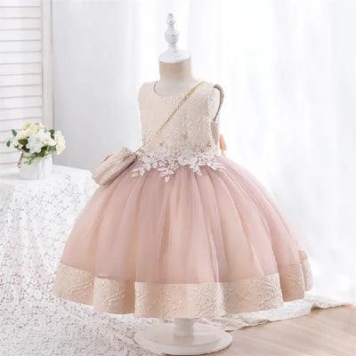 Robe cérémonie fille bleu foncé avec tulle et motifs gris et blancs