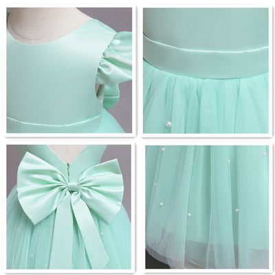 Robe cérémonie fille vert menthe avec noeud décoratif et perles sur tulle