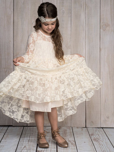 Robe cérémonie fille blanche en dentelle florale avec manches longues transparentes