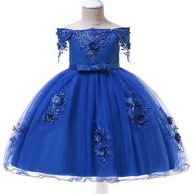 Robe cérémonie fille bleu vif avec motifs floraux brodés et appliques en relief