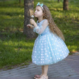Robe cérémonie fille bleu pâle à pois blancs avec nœud à la taille