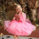 Robe cérémonie fille rose paillettes multicolores avec nœud décoratif