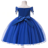 Robe cérémonie fille bleu vif avec motifs floraux brodés et appliques en relief