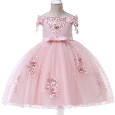 Robe cérémonie fille rose pâle motifs floraux et dentelle