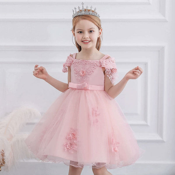 Robe cérémonie fille rose pâle motifs floraux et dentelle