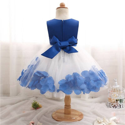 Robe princesse bébé bleu uni avec jupe tulle blanche motifs floraux bleu vif