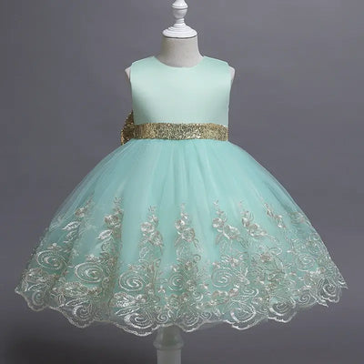 Robe princesse fille rose pastel avec ceinture dorée et broderies florales