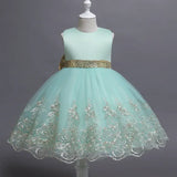 Robe princesse fille rose pastel avec ceinture dorée et broderies florales