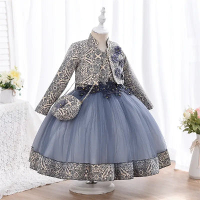 Robe cérémonie fille bleu foncé avec tulle et motifs gris et blancs