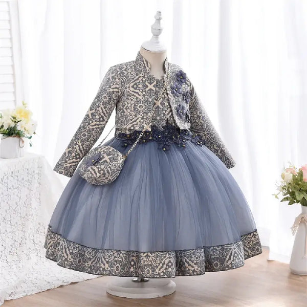 Robe cérémonie fille bleu foncé avec tulle et motifs gris et blancs
