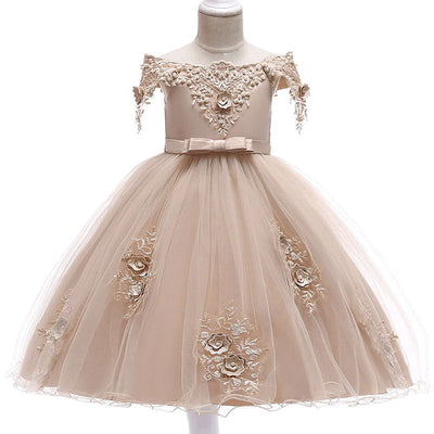 Robe cérémonie fille beige à broderies florales et perles